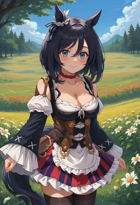 score_9, score_8_up, source_anime, 1girl, solo, EishinDefault, animal ears, ear ornament, tail, medium hair, red choker, dirndl, cleavage, detached sleeves, corset, frills, striped skirt, red skirt, black thighhighs, outdoors, flower field, smile, blush, <lora:ChamEishinFlashPonyXL:1>