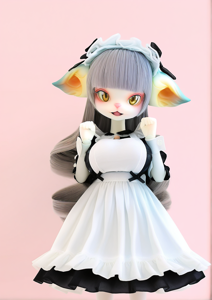 <lora:DOLL_ZONE_furry:1>,1girl, huge breasts,Miss Kitty(m), young girl, ringlets, Ears Down, LONG HAIR, grey hair, yellow eyes, blunt bangs, maid dress, MAID, maid headdress, maid apron, white pantyhose, :d, alligator, blush, breasts, clenched hands, crocodilian, heart, light blush, looking at viewer, open mouth, polka dot, smile, solo,