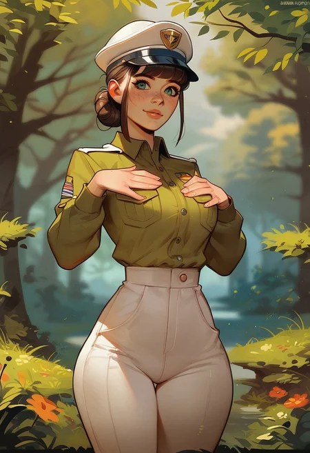 (score_9, score_8_up, score_7_up), 1girl, freckles, 1woman, gorgeous girl, kawaii face, looking at viewer, cute face, cute woman, updo, bangs, park ranger uniform, (slim fit), sexy thighs, ((wide hips)), park ranger, redwood forest, green khakis, hat, cute pose