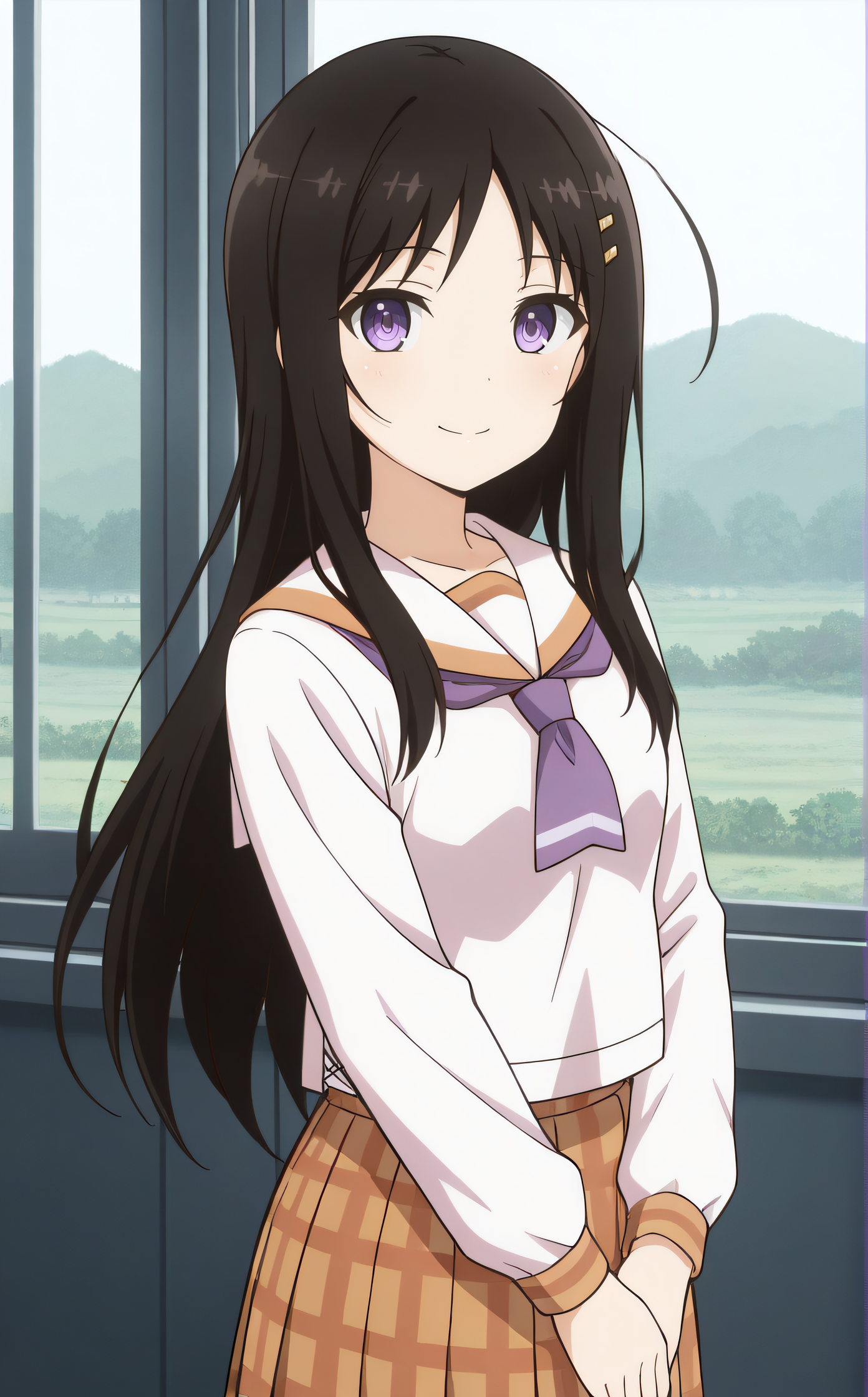 masterpiece, best quality, highres, newest, scenary, 1girl, solo, official style, <lora:Sakuraba_Harumi:1>, harumi, school uniform, purple neckerchief, plaid skirt, indoor, looking at viewer, smile, cowboy shot, own hands together