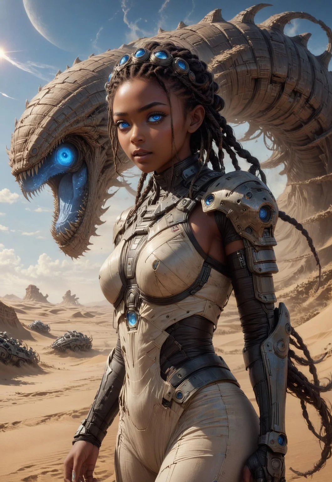 embedding:urn:air:sd1:embedding:civitai:222256@250708, (absurdres, highest quality, very aesthetic, intricate details, masterpiece, award-winning, official artwork, 8k, UHD, HDR:1.3), 
(breathtaking November Annabella Nova Terra standing in front of a sandworm during a sandstorm, Nova (StarCraft), gorgeous, (dark skin:1.5), cute face, exotic eyes, (blue eyes, glowing eyes:1.6), full lips, braided crown hairstyle, skindentation, detailed skin shading, looking at viewer, (hero view, dynamic pose, full-body view:1.2)), 
futuristic background, sci-fi background, outside backgroudn, orbital view, planetary view, 
cinematic scene, sexy pose, hyperrealism, RAW photo, sharp focus, 
optical effects, lighting effects, light leaks, 
digital painting, 
nostromostyleai, 
sexyai, 
7-dune,  sand worm, 