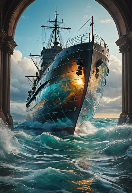 hyperrealistic painting of a transparent glass ship in revolt sea, (liquid body:1.5), see-through, ethereal, 8k resolution, fantasy, detailed background, cinematic, dynamic composition, triadic colors, masterpiece