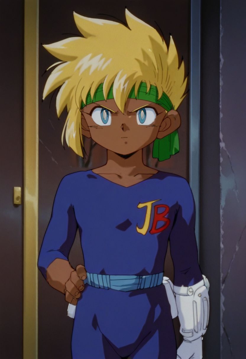 masterpiece, best quality, 1boy, standing, hand on waist, looking at viewer, upper body, close up, young boy, 
 <lora:J:1>, Ja1, blue eyes, dark skin, blonde hair, hairband, single white gauntlet, bodysuit, retro artstyle, bakusou kyoudai let's & go!!,