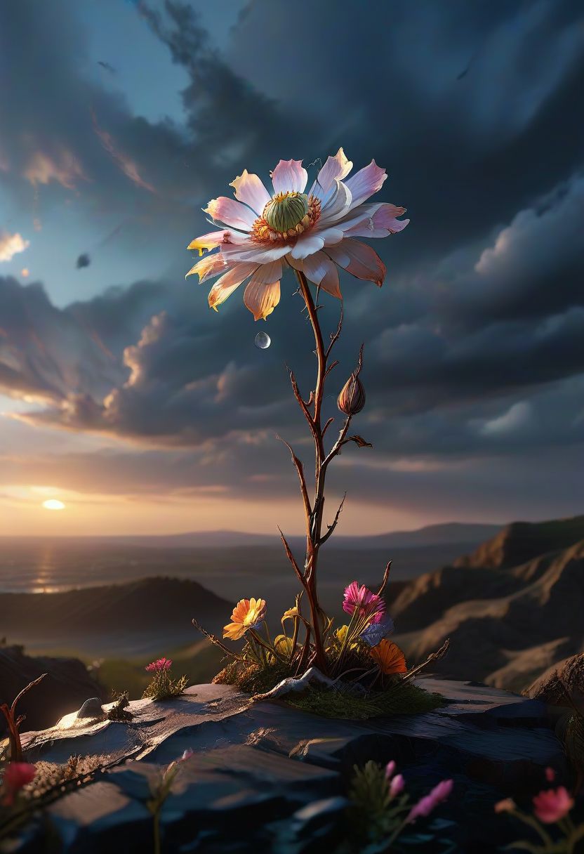 concept art Under a perpetually stormy sky, in a realm where darkness reigns supreme, a single, bright, lonely light pierces the blackness, emanating from a lone glowing flower at the edge of a cliff. This flower, with petals that radiate a soft, golden light, stands as the last beacon of hope in a world consumed by sadness and ruin. The landscape below is a desolate expanse of cracked earth and dead vegetation, stretching into the horizon under the weight of eternal twilight. The flower's glow casts long, dramatic shadows, illuminating the tears in the earth and the remnants of a forgotten past. This poignant image tells a story of resilience, where even in the depths of despair, a spark of light can bring a sense of hope and beauty. digital artwork, illustrative, painterly, matte painting, highly detailed