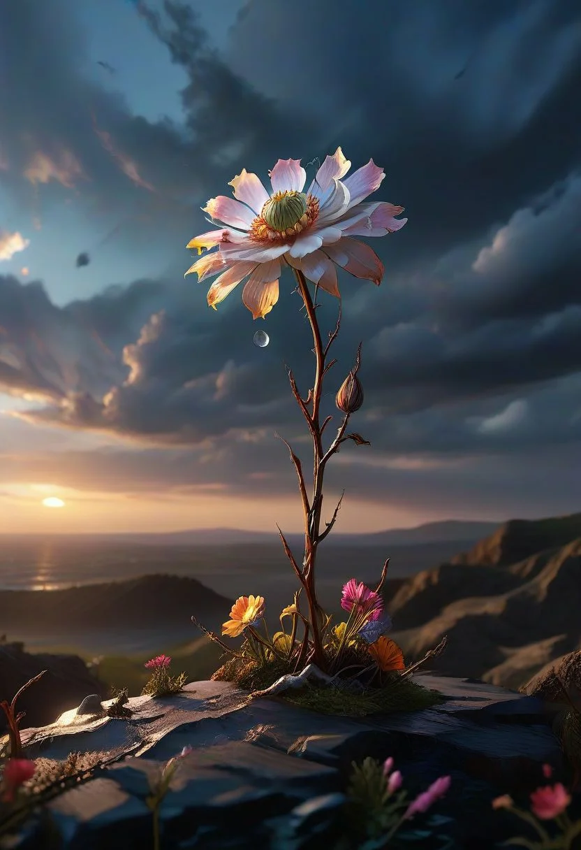 concept art Under a perpetually stormy sky, in a realm where darkness reigns supreme, a single, bright, lonely light pierces the blackness, emanating from a lone glowing flower at the edge of a cliff. This flower, with petals that radiate a soft, golden light, stands as the last beacon of hope in a world consumed by sadness and ruin. The landscape below is a desolate expanse of cracked earth and dead vegetation, stretching into the horizon under the weight of eternal twilight. The flower's glow casts long, dramatic shadows, illuminating the tears in the earth and the remnants of a forgotten past. This poignant image tells a story of resilience, where even in the depths of despair, a spark of light can bring a sense of hope and beauty. digital artwork, illustrative, painterly, matte painting, highly detailed