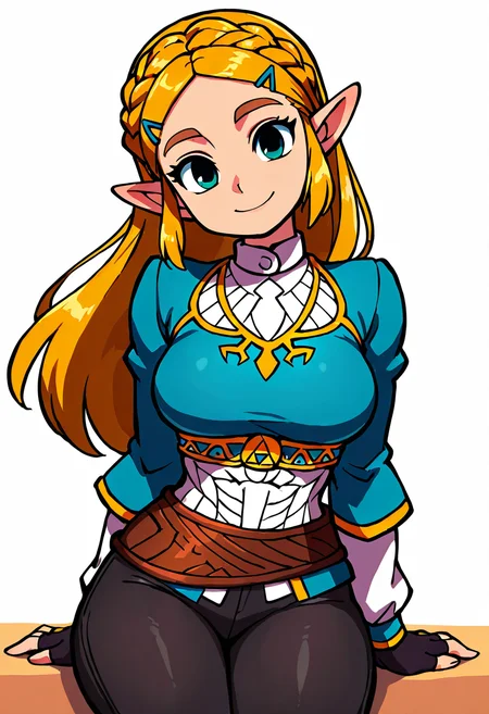 (masterpiece, best quality, good quality, very aesthetic, absurdres, newest:1.2), BREAK, princess zelda, long hair, crown braid, hairclip, pointy ears, blue shirt, long sleeves, fingerless gloves, black gloves, black pants, tight pants, smile, curvy, head tilt, sitting, ,,, ,,, <lora:ZankuroStyle_NAI:0.6>,smile, looking at viewer, cowboy shot,