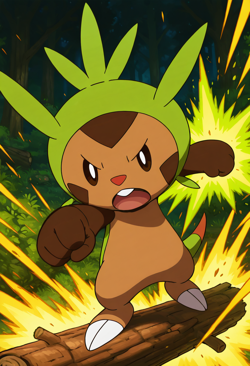 masterpiece, best quality, no humans,    zzChespin, punching at a thick log with focused determination, sparks of green energy flaring from its fists with every strike.  ,<lora:ChespinPokedex_IXL:1.0>,