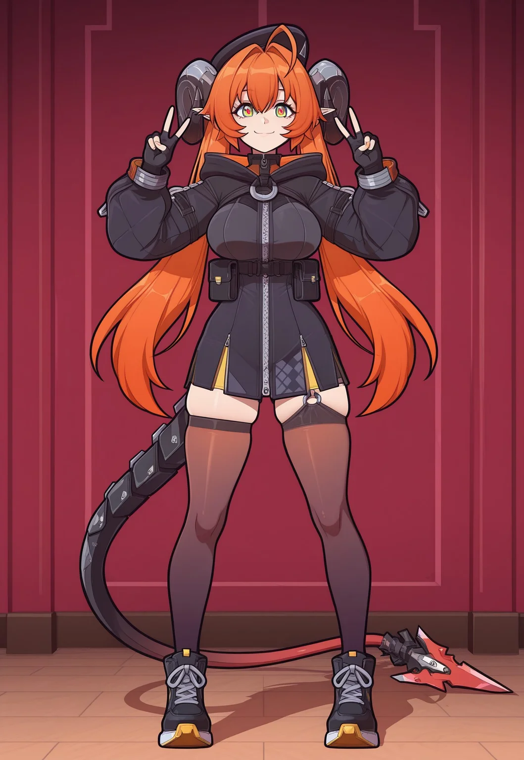 masterpiece, best quality, amazing quality, very aesthetic, absurdres, best quality, 4k, upscale, indoors, pose, v, orpheus, 1girl, solo, gloves, yellow eyes, multicolored eyes, ahoge, pointy ears, black jacket, long sleeves, black headwear, beret, bangs, orange hair, zipper, twintails, thighhighs, horns, long hair, fingerless gloves, black footwear, long sleeves, looking at viewer, closed mouth, hair intakes, smile, standing, breasts, black gloves, hair between eyes, skindentation, bangs, mechanical tail, lineless, 5p4rr0w, artist style