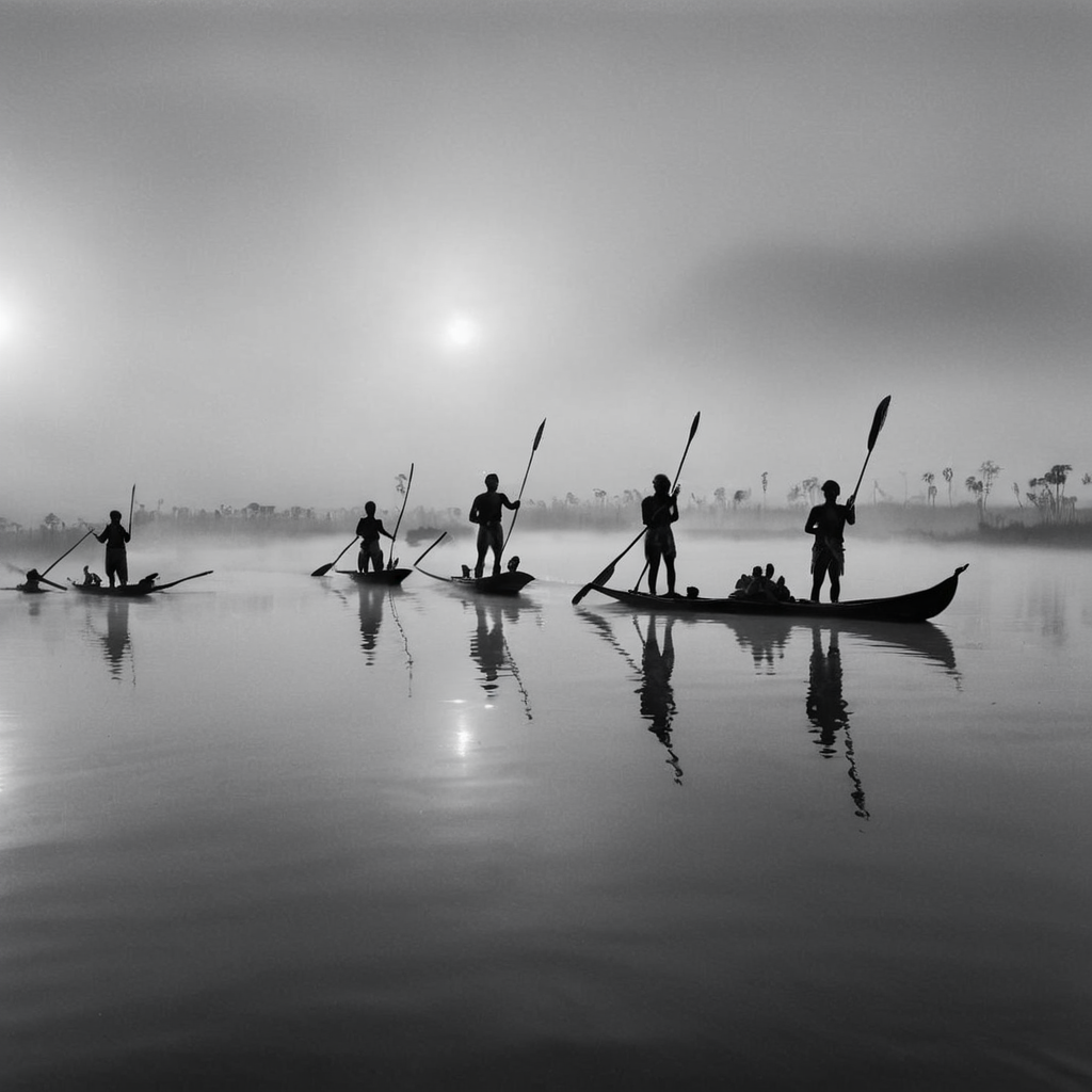 a (black and white:1.5) photo of silhouettes of amazon indigenous on small narrow boats, using long poles, navigating a calm, misty river, sun is low on the horizon visible through the (fog:1.4), reflection on the water, more boats visible in the distance, ethereal quality, high contrast, extreme details, grainy film photo, intricate details, 8k, 35mm photo, photorealism, realistic photo, national geographic style, masterpiece