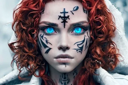 bright red hair, human female, (feminine:1.7), (beautiful face, detailed face:1.6), (beautiful eyes, detailed eyes:1.7), (looking at viewer, eye contact, intense:1.6), (long hair, red hair, curly hair:1.3), , ((masterpiece, best quality, high resolution, realistic, best quality,)), photo realistic, Perfect Face, (detailed face). <lora:GoodHands-vanilla:0.6> <lora:add-detail-xl:0.8>, mage, (Dress White military uniform coat), dagger, rune dagger, glowing runes, , (((glowing magic symbols tattoos, religious tattoos))), ((face tattoos)), glowing tattoos, stone tower in the background
