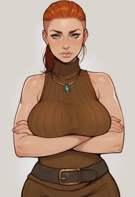 score_9, score_8_up, score_7_up, 1girl, <lora:Frida_Peasants_Quest:0.80>, ponytail, undercut, orange hair, red hair, tall female, blue eyes,, simple background, (realistic:1.3), (front view), standing, looking at the viewer, natural breasts, plump, (mature female, milf), arms crossed, sleeveless, high neck, brown sweater, belt, wide hips, large breasts, necklace, green gem, fantasy, solo, golden buckle,