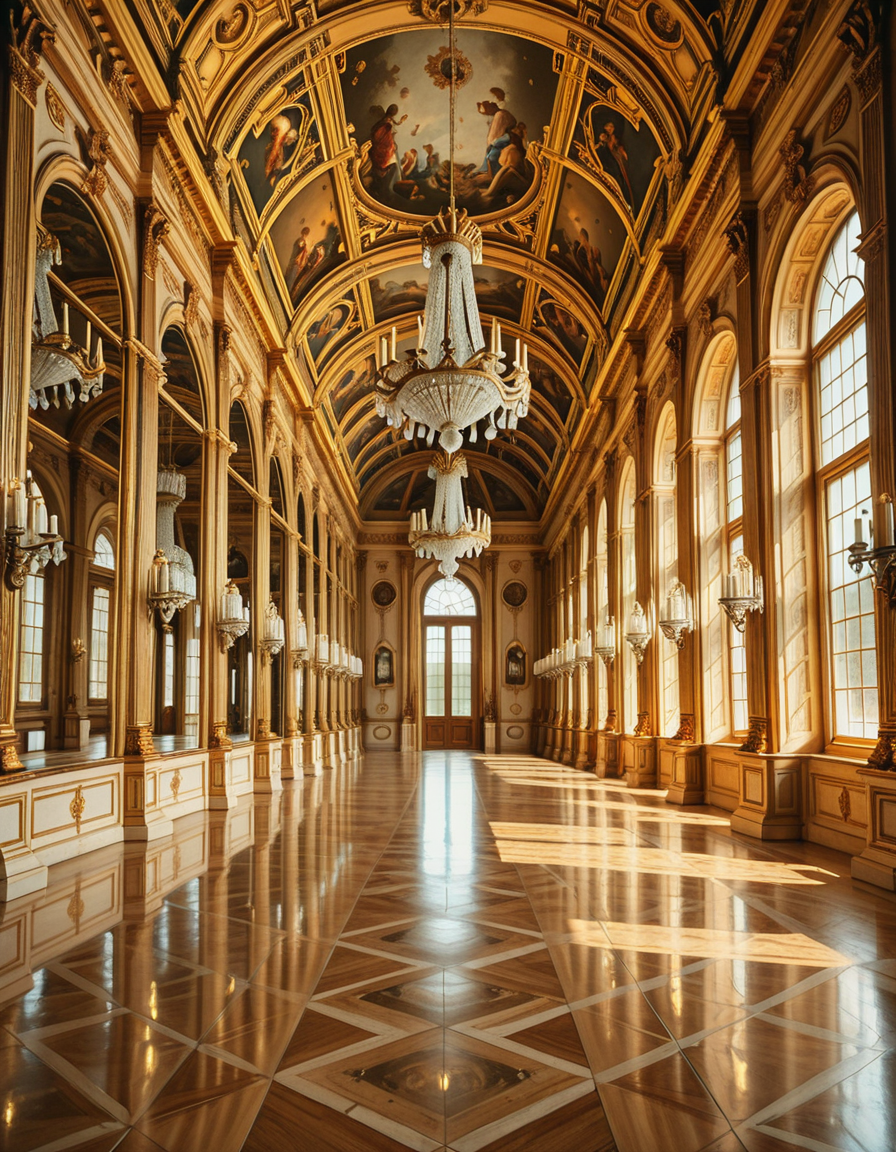 A breathtaking, photorealistic depiction of the Hall of Mirrors (Galerie des Glaces) at the Palace of Versailles in France, captured in golden afternoon light. The hall is grand and opulent, with a high arched ceiling painted with intricate Baroque frescoes. The walls are lined with tall arched mirrors on one side and large arched windows on the opposite side, flooding the space with natural light. Elegant crystal chandeliers hang from the ceiling, reflecting in the mirrors and sparkling with golden highlights. The marble floors are polished and gleaming, with rich, warm tones. Gilded statues and decorative elements frame the mirrors and doorways. The image style is ultra-detailed and photorealistic, with sharp textures and soft, warm lighting creating a majestic, timeless atmosphere. No people present, only the serene magnificence of the empty hall. Camera angle at eye level, centered down the hall, capturing the full length and symmetry of the space.
<lora:SDXLFaeTastic2400:0.4> <lora:extremely_detailed:0.4> extremely detailed,Hall of M1rr0rs, <lora:Hall_of_M1rr0rs-i:1>, Masterpiece,best quality,hi res,8k,hi res,8k,award winning,(sharp focus, intricate, highly detailed),