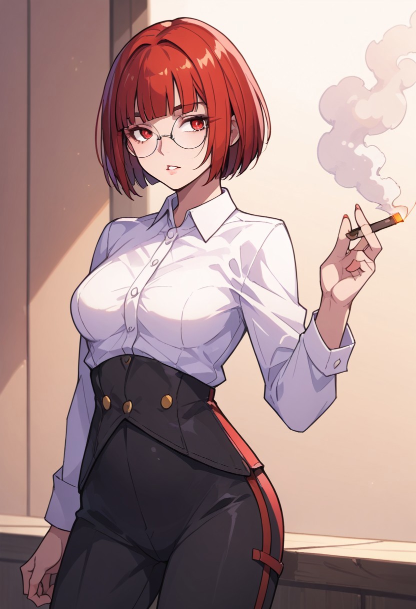 score_9, score_7_up, solo, 1girl,
red eyes, round eyewear, glasses, parted lips, hip vent, nylon, blunt bangs, bob cut, medium breasts, dress shirt, suit pants, smoking,