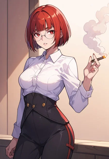 score_9, score_7_up, solo, 1girl,
red eyes, round eyewear, glasses, parted lips, hip vent, nylon, blunt bangs, bob cut, medium breasts, dress shirt, suit pants, smoking,