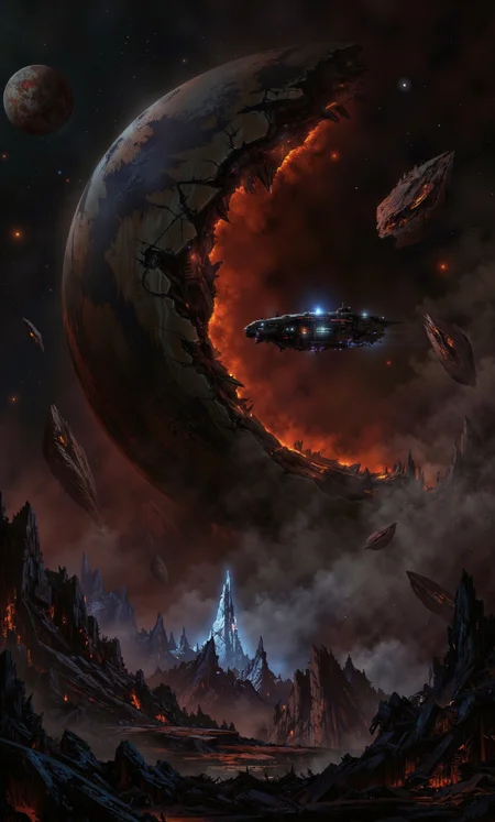 A digital painting in the style of ck-js, depicting a small, rugged prospecting ship navigating through the colossal, shattered remnants of a planet destroyed by an ancient cataclysm. Immense, continent-sized fragments drift silently in space, glowing internally with residual heat (dull reds and deep oranges). The ship's searchlights pierce the cosmic dust, illuminating jagged, crystalline structures within the debris field. The palette features deep space black, the menacing glow of the planetary fragments (reds/oranges), and the cool blue/white of the ship's lights. Focus is on navigating immense, dangerous scale and the aftermath of destruction.