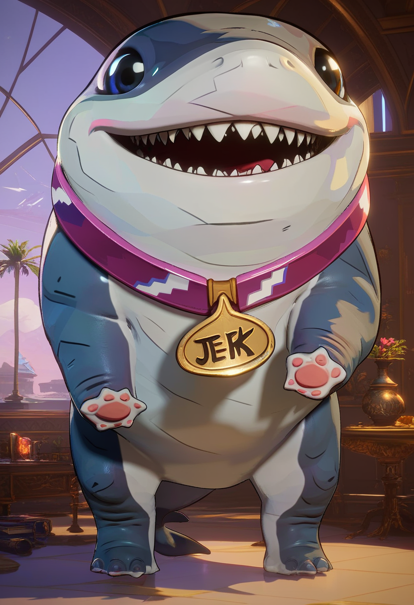 score_9, score_8_up, score_8,   solo, masterpiece, best quality, detailed face, full body,     jeff the shark, solo, <lora:jeff the shark:1>, standing
