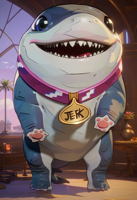 score_9, score_8_up, score_8, solo, masterpiece, best quality, detailed face, full body, jeff the shark, solo, <lora:jeff the shark:1>, standing