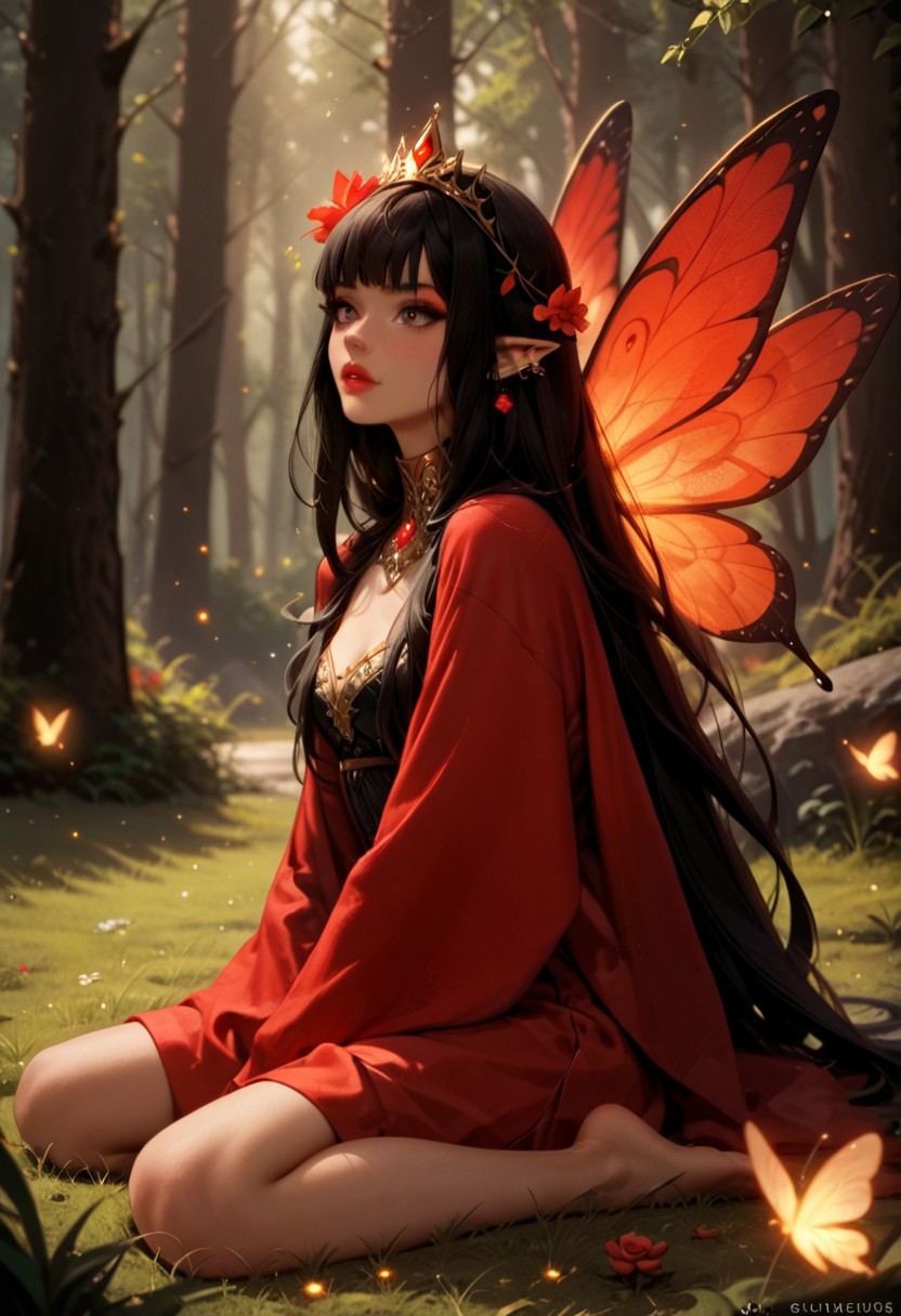 score_9, score_8_up, score_7_up, score_6_up, score_5_up, score_4_up, dynamic scene, 1 fairy girl, long black hair, sitting, hand on grass, very long hair, bangs (black crown with red stones on head: 1.5), head over shoulder, brown eyes, makeup, red lips, plump lips, big red butterfly wings on back, red suit, slim, sexy, seductive , sensitive face, surprised, raised eyebrows, erotic emotions, gold ear jewelry, gold neck jewelry, elf ears, yellow-green forest, night, firefly lights, many fireflies, many small red lights in the background (full body: 1 ,5)