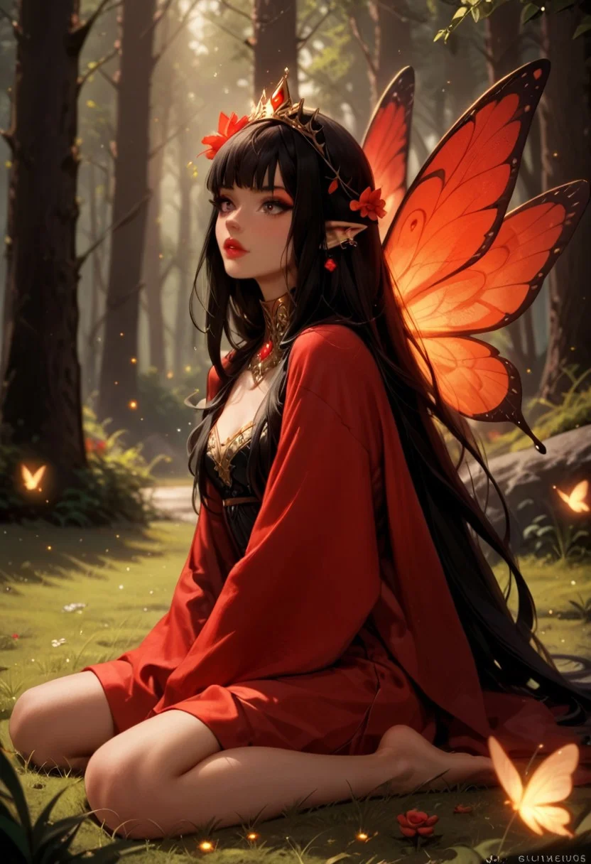 score_9, score_8_up, score_7_up, score_6_up, score_5_up, score_4_up, dynamic scene, 1 fairy girl, long black hair, sitting, hand on grass, very long hair, bangs (black crown with red stones on head: 1.5), head over shoulder, brown eyes, makeup, red lips, plump lips, big red butterfly wings on back, red suit, slim, sexy, seductive , sensitive face, surprised, raised eyebrows, erotic emotions, gold ear jewelry, gold neck jewelry, elf ears, yellow-green forest, night, firefly lights, many fireflies, many small red lights in the background (full body: 1 ,5)