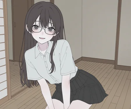 masterpiece, best quality, amazing quality, , 1girl, solo, glasses, , looking at viewer, shirt, skirt, long hair, light smile, open mouth, <lora:Happiiakujikijp ILL-v2:1> happiiakujikijp, detailed background