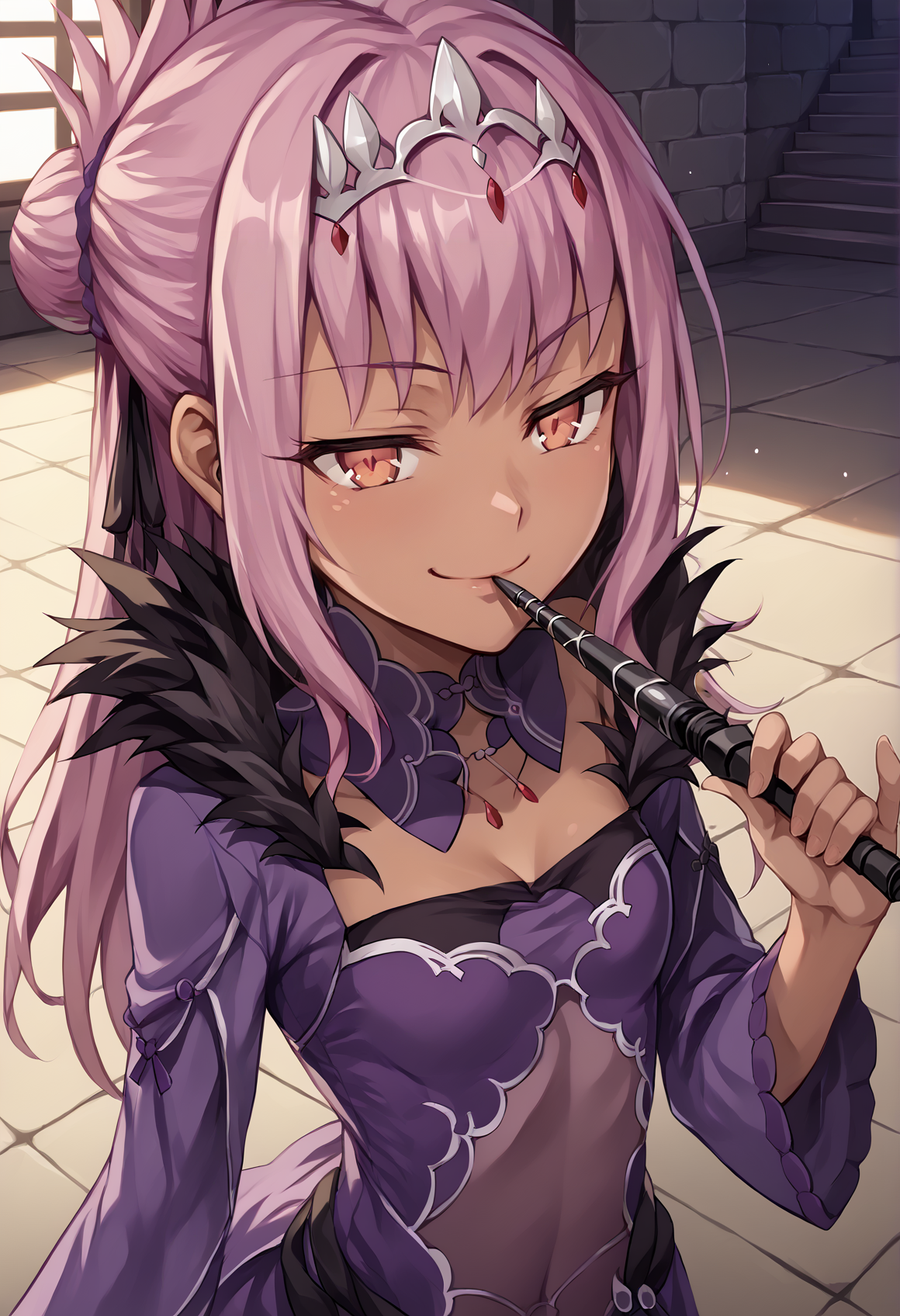 1girl, dark skin, pink hair, orange eyes, medium hair, single hair bun, topknot, purple dress, silver tiara, detached collar, bare shoulders, long sleeves, wide sleeves, cleavage, feather trim, pantyhose, holding wand, half-closed eyes, evil smile, indoors, castle, ice, from above, hand to mouth <lora:Scathach_Skadi_XL:1> <lora:Kuro_XL:1> small breasts, score_9, score_8_up, score_7_up, score_6_up, score_5_up, score_4_up, BREAK source_anime, masterpiece