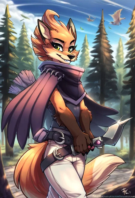 fluff-kevlar, by fluff-kevlar, score_9, score_8_up, score_7_up, score_6_up, score_5_up, score_4_up, source_furry, fleetFox, three-quarter portrait, standing, triumphant, looking at viewer, smile, forest, trees, bow (weapon), holding bow, solo