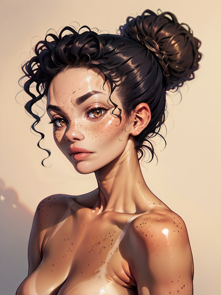 score_9, score_8_up, score_7_up, score_6_up, score_5_up, score_4_up,   <lora:m1xd0llXLP2:0.7> curly hair, 1girl, m1xd0ll, black hair, hair bun, tan skin, freckles, brown eyes, portrait, nude
