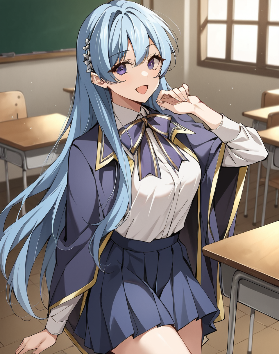 aiselle_molf, lavender eyes, light blue hair, long hair, blue hair,  hair ornament, hair flower, school uniform, neck ribbon, white shirt, blue cape, blue skirt, manhwa BREAK  iindoors, medieval, school, classroom, BREAK looking at viewer, sexy face, sexy smile, open mouth, cowboy shot, dynamic pose  BREAK score_9, score_8_up, score_7_up, source_anime ,zPDXL, perfect hand,  <lora:Aiselle_Molf:0.8>