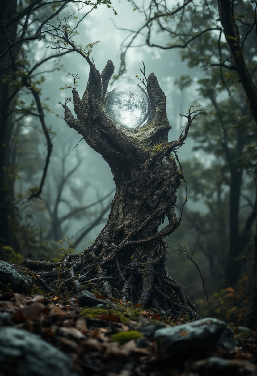 A giant hand made of tree roots emerging from the earth, holding a small planet in its palm.
aidmaimageupgrader, aidmaHyperrealism, aidmaMJ6.1, aidmafluxpro1.1