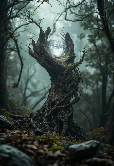 A giant hand made of tree roots emerging from the earth, holding a small planet in its palm.
aidmaimageupgrader, aidmaHyperrealism, aidmaMJ6.1, aidmafluxpro1.1