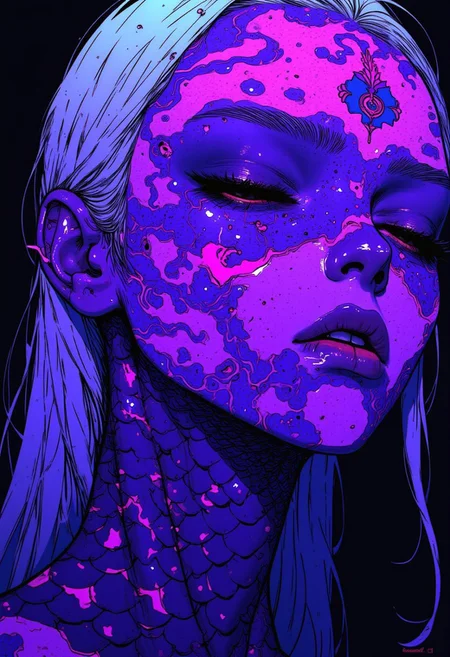 cyberpunk, DreamArt, anime_martz, anime_source, paint, neon hair, ultra realistic intricate scales, white hair glows, purple scale on face covering. Her face is adorned with glowing face tattoo, closed eyes, patterns resembling fish scales on face glowing purple, smeared pattern tattoo, half turn head relaxed expression nodding, dark simple background, futuristic art, with a glowing.