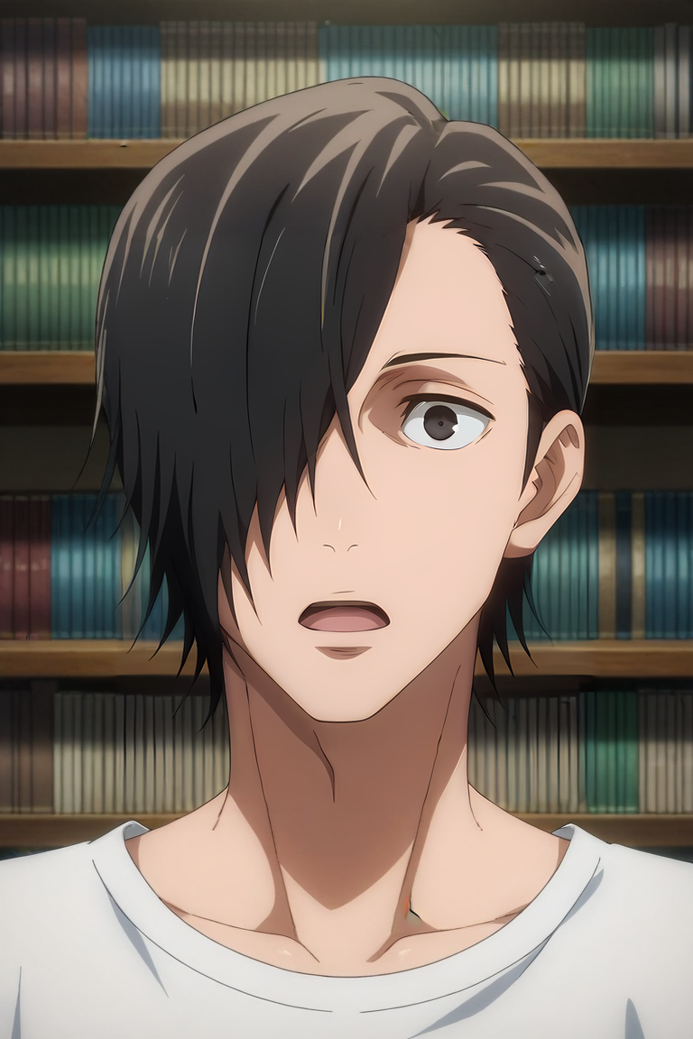 score_9, score_8_up, score_7_up, source_anime, rating_safe, intricate details, , , , 1boy, solo, male focus, <lora:junpei_yoshino_pony:0.78>, junpei_yoshino, black hair, black eyes, short hair, hair over one eye, symmetry, library, books, indoors, light, (dynamic pose:1.2), open mouth, , <lora:sdxl_lightning_8step_lora:1>