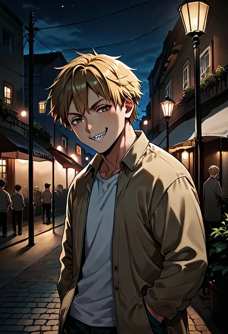 score_9, score_8_up, score_7_up, score_6_up,night, under light,1boy, denji, short hair, blond hair, brown eyes, sharp teeth, hands inside pockets, smirk, city, under street lamp, street lamp, light and shadows by reij-shdwgms,dark theme, low light,