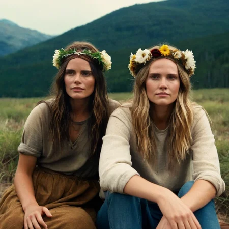 Dystopian style,  <lora:Kodak Motion Picture Film Style3:1> Cinematic, Grainy:1, Detailed, Sharp Image, of
An Oscar winning movie for Best Cinematography two women wearing flower crowns sitting next to each other smiling and staring to the camera at day light Kodak Motion Picture Film Style, Bleak, post-apocalyptic, somber, dramatic, highly detailed