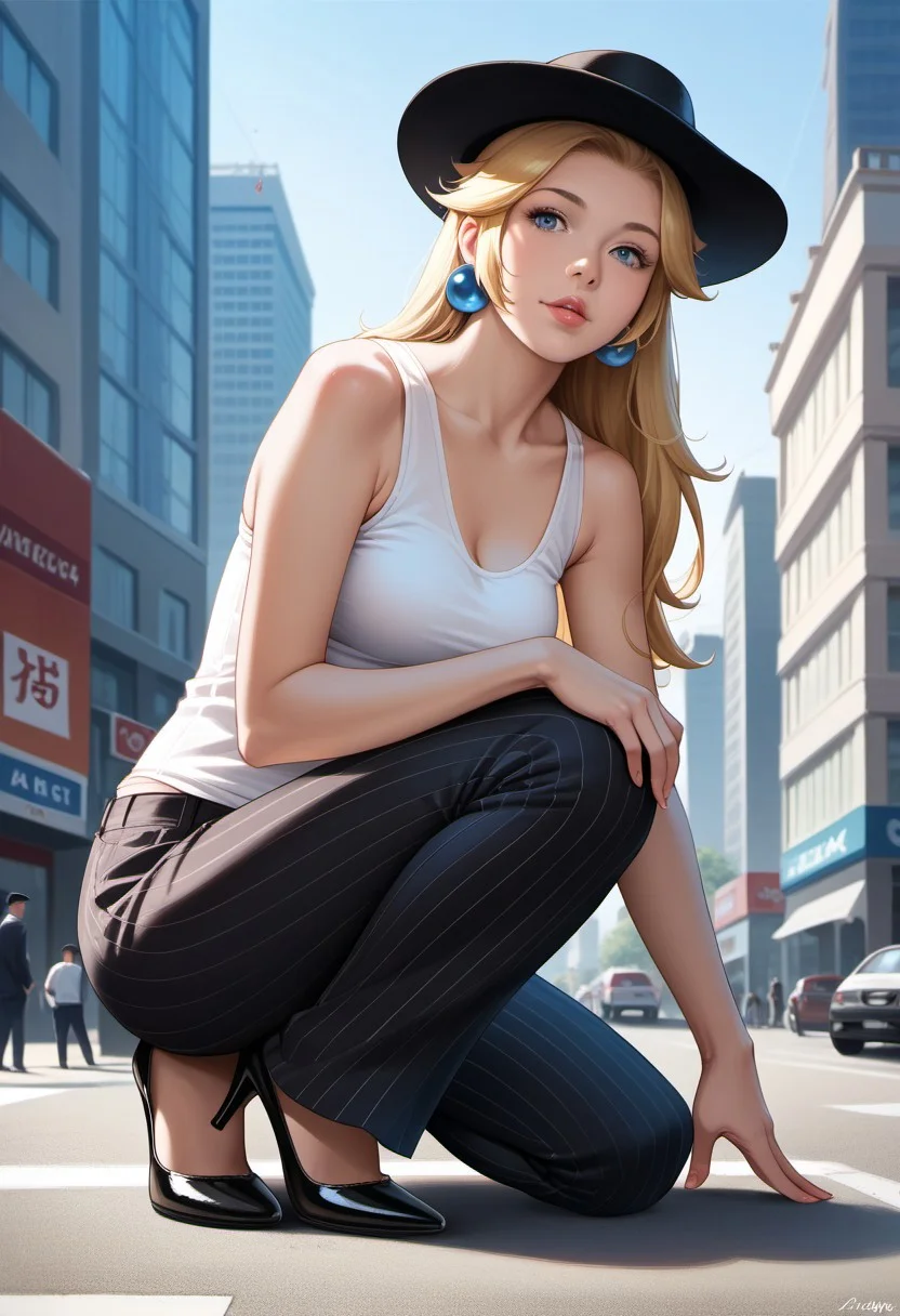 score_9, score_8_up, score_7_up, score_6_up, score_5_up, score_4_up, high quality, (photorealistic), (Extremely detailed), 1.5, <Lora:add-detail-xl:1.5>, princess peach, blonde hair, blue eyes, long hair, black fedora hat, white tank top, black pinstripe suit pants, black mule heels, Marco, Giantess, giga size, gigantic, city, sitting, ((kneeling down)), looking down, ((hand on leg)), ((arm on knee))