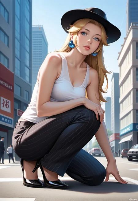 score_9, score_8_up, score_7_up, score_6_up, score_5_up, score_4_up, high quality, (photorealistic), (Extremely detailed), 1.5, <Lora:add-detail-xl:1.5>, princess peach, blonde hair, blue eyes, long hair, black fedora hat, white tank top, black pinstripe suit pants, black mule heels, Marco, Giantess, giga size, gigantic, city, sitting, ((kneeling down)), looking down, ((hand on leg)), ((arm on knee))