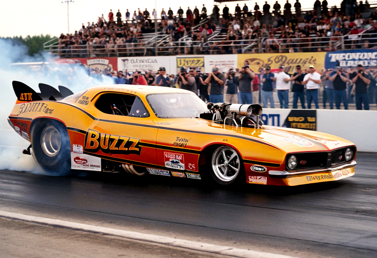 VintageMuscleCar, dragster, side view, race track, smoke trail, people, outdoors, 4K, highly detailed, (stylish grainy analog 35mm film photo, "BUZZ")