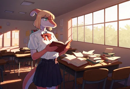 score_9, score_8_up, score_7_up, score_6_up, score_5_up, score_4_up, standing, sitting, inside, school desk, detailed background, book on desk, open book, reading, naomi, 1girl, furry, glasses
