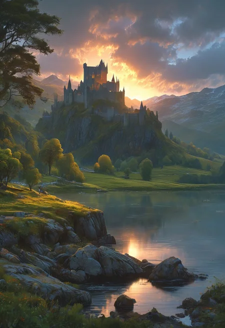 A captivating night scene illustration featuring a beautiful castle on a large hill overlooking a lake in the highlands of Scotland. The castle is ancient but well maintained and updated and comfortable to live in. This enchanting artwork captures a serene and peaceful early morning, where the sun is just starting to rise over the beautiful highlands and castle which stands resolute amidst highlands, creating a cinematic experience., illustration, cinematic
<lora:DonM3t3rn1tyXL-v1.1:0.7>, DonM3t3rn1tyXL,
OverallDetailXL <lora:MJ52:0.3> <lora:SDXLFaeTastic2400:0.4> <lora:EpicF4nta5yXL:0.7>