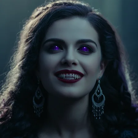 cinematic film still of  <lora:perfect sclera eye style v2:0.6>
In perfect eye style a photo of a Purple sclera eyes of a vampire woman with a very big smile on her face, sharp, detailed, cinematic, Purple sclera eye style, Purple eyes style, 1girl, solo, looking at viewer, blue eyes, black hair, purple eyes, parted lips, teeth, lips, fangs, portrait, realistic, braid, makeup, black background, red lips, long hair, jewelry, earrings, mole, mole under eye, vampire creature <lora:brides of dracula style:0.8>, shallow depth of field, vignette, highly detailed, high budget, bokeh, cinemascope, moody, epic, gorgeous, film grain, grainy