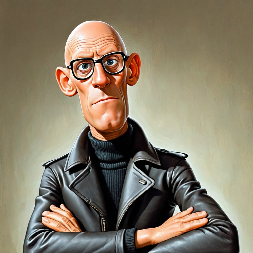 cartoon of (michelfoucault:1.3) man, turtleneck, unbuttoned black leather biker jacket, bald nerd, , (  donmartin style:1.2)  ( caricature:1.3), HQ, high resolution, ,  solo,  fisheye lens closeup, extremely  anxiousexpression ,  hyper-realistic,  upper body, arms and hands,  detailed eyes, by don martin, plain dark background, rim lighting, vignette <lora:DonMartin_StyleXLv7.0-000024:0.75>   <lora:michelfoucaultXL_10-17-23_v1.6:0.9>