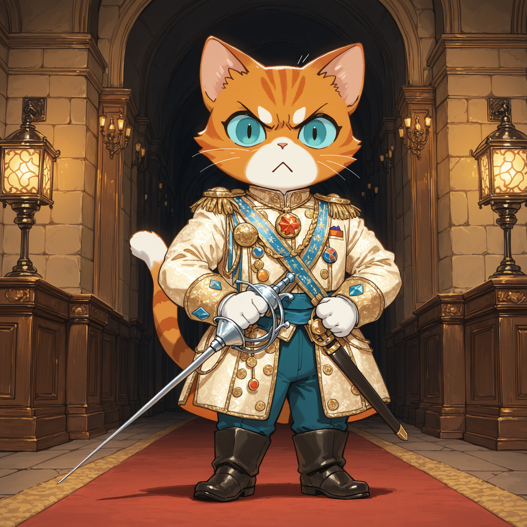 ROOT, orange cat,inside luxurious castle , solo, close to viewer , marquis, cunning, dynamics,:<, deep colors, male,very angry, rich colors, detailed, <lora:ROOT-000008:0.75>, best composition, eyes, standing, rich clothes, posing, medals, detailed background, rich furniture, lanterns, rapier, dark