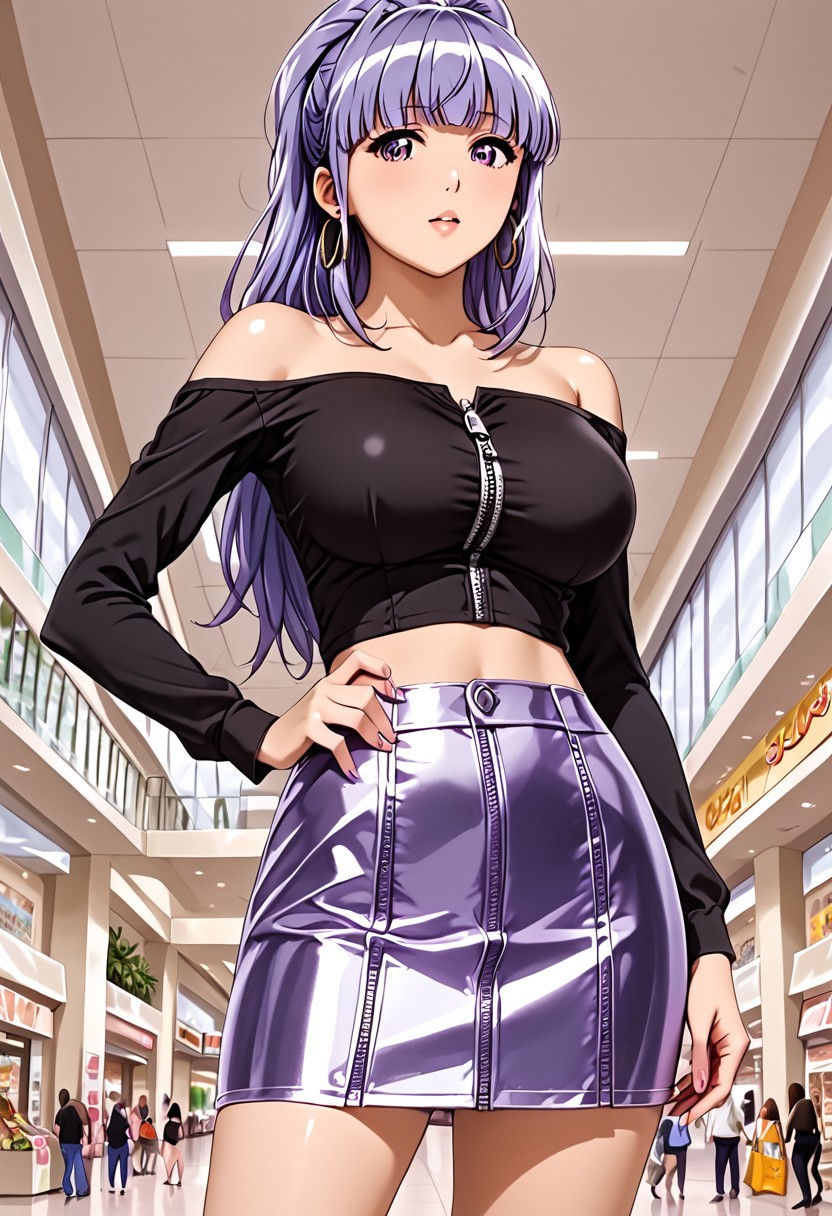 image with good quality, very detailed image, view from below, detailed hands, metallic spandex, metallic clothing, shiny clothing, Yayoi Mizuno, feminine, sensual, purple eyes, detailed pupils, ponytail, light purple hair, very long hair, (hanging bangs, straight bangs, long sideburns, short bangs), large breasts, alone, skirt, jewelry, earrings, hoop earrings, hand on hip, bare shoulders, bare shoulders, miniskirt, pencil skirt, midriff, off-shoulder shirt, shirt, zipper skirt, green miniskirt, black shirt, mall interior, Shopping Mall background