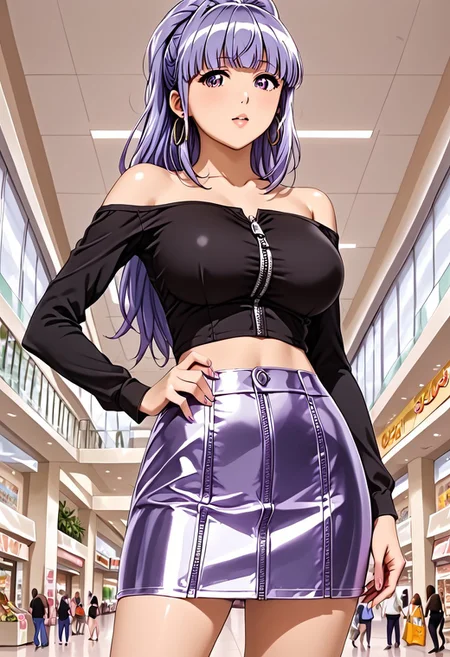 image with good quality, very detailed image, view from below, detailed hands, metallic spandex, metallic clothing, shiny clothing, Yayoi Mizuno, feminine, sensual, purple eyes, detailed pupils, ponytail, light purple hair, very long hair, (hanging bangs, straight bangs, long sideburns, short bangs), large breasts, alone, skirt, jewelry, earrings, hoop earrings, hand on hip, bare shoulders, bare shoulders, miniskirt, pencil skirt, midriff, off-shoulder shirt, shirt, zipper skirt, green miniskirt, black shirt, mall interior, Shopping Mall background