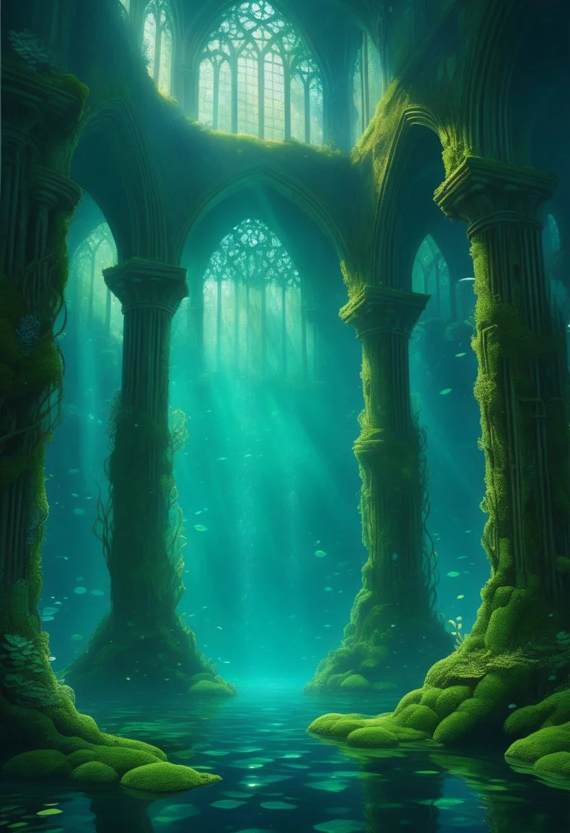 Underwater cathedral, high-fantasy, magical effects, hyper realistic, hyper detailed, mysterious air, ancient and abandoned, grown-over, luminescent moss, dark atmosphere, glowing lights spread evenly, very aesthetic, beautiful underwater scenery in the background