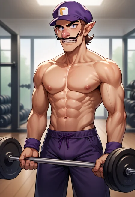 score_9, score_8_up, source_anime, 1boy, solo, Waluigi, mustache, teeth, pointy ears, brown hair, hat, purple headwear, topless, lifting weights, barbell, gym, <lora:ChamWaluigiPonyXL:1>
