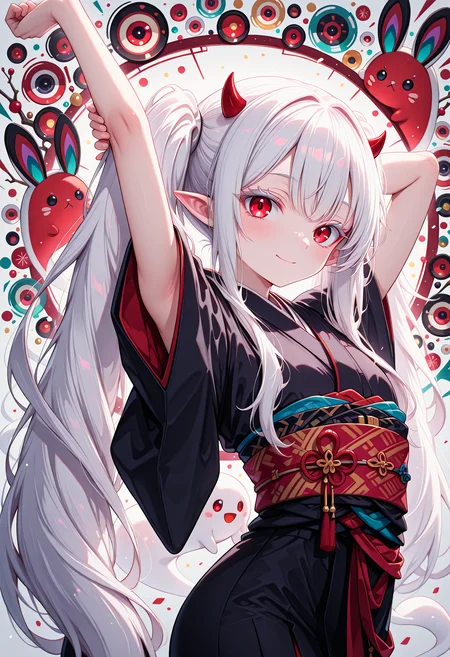 (glow:1.1), masterpiece, best quality, (very aesthetic:1.0), 1girl, solo, (yuki_usagi:1.1), slim, (adult:1.2), tall, mature, flat_chest, long_hair, red_eyes, twintails, white_hair, small horns, (pointy_ears), albino, japanese_clothes, black_kimono, obi, sash, (perfect detailed white eyelashes:1.3), (wide gentle smile:1.0), closed mouth, (white theme, colorful abstract rabbit ghost background, intricate patterns:1.3), standing, stretching arms, arm behind head, (confident pose:1.0), leaning back, step forward, (cowboy shot, side-view, from side:1.2), close-view, looking at viewer, <lora:IL\best\reij-detaILer>, <lora:IL\best\reij-detaILer>, <lora:IL\Z1Char\Yuki-Usagi_SDXL:1>, <lora:Pony\Best\cfg_scale_boost:0.2>
