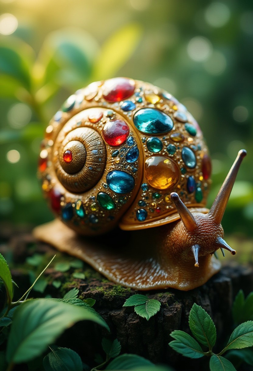 Detailed, masterpiece, professional, bold colors, octane render, photography, HDR, a close-up image of a snail with a beautifully intricate shell adorned with various precious gemstones. The shell features a mix of sparkling diamonds, vibrant emeralds, deep blue sapphires, and rich red rubies, each carefully embedded into the spiral pattern. The snail is in a lush garden setting, with soft sunlight filtering through leaves, casting a gentle glow on the jeweled shell, highlighting the contrast between the natural beauty of the snail and the opulence of the gemstones. The background is slightly blurred, keeping the focus on the snail's unique, gem-encrusted shell. Taken using a vintage camera, film grain, chromatic aberration