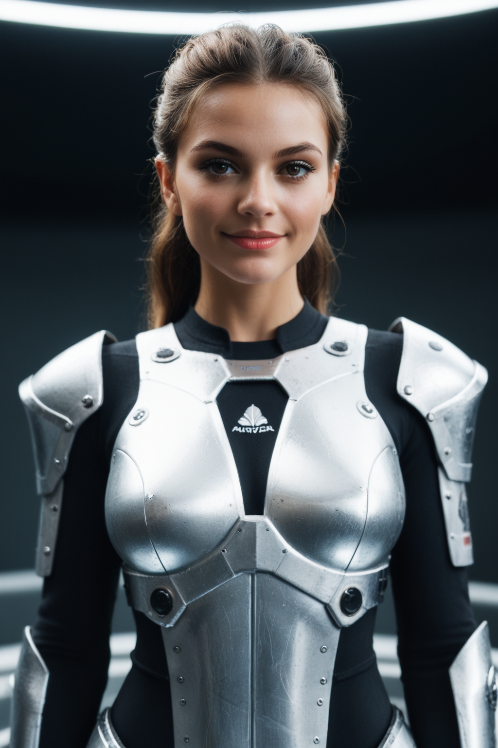 (best quality, masterpiece, highres:1.1), Carmen IbaÃ±ez stands in her formidable power armor, exuding strength and determination. The armor, adorned with sleek lines and glowing circuitry, reflects the cutting-edge technology of the Terran Federation. Her dark hair, styled for practicality, frames a face marked by resolve. She stands on the deck of a starship, with a vast window revealing the infinite expanse of space. The scene is illuminated by the soft glow of holographic displays and the ambient light of the shipâs controls, enhancing the science fiction aesthetic. The portrait, inspired by the styles of Syd Mead and Chris Foss, captures a perfect blend of human resilience and futuristic design, futuristic, intricate armor design, aesthethic, elegant, cute, beautiful, sensual, upper body, smug, seductive smile, visually stunning
<lora:CinematicStyle_v1:0.5>
<lora:RMSDXL_Creative:0.5>
<lora:photorealistic_portrait_notrigger:0.3>
<lora:- SDXL - vanta-black_contrast_V3.0:0.3> <lora:PerfectEyesXL:0.2> perfecteyes