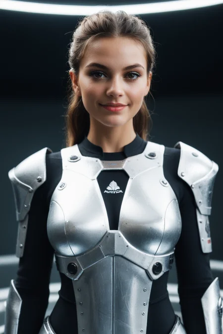 (best quality, masterpiece, highres:1.1), Carmen IbaÃ±ez stands in her formidable power armor, exuding strength and determination. The armor, adorned with sleek lines and glowing circuitry, reflects the cutting-edge technology of the Terran Federation. Her dark hair, styled for practicality, frames a face marked by resolve. She stands on the deck of a starship, with a vast window revealing the infinite expanse of space. The scene is illuminated by the soft glow of holographic displays and the ambient light of the shipâs controls, enhancing the science fiction aesthetic. The portrait, inspired by the styles of Syd Mead and Chris Foss, captures a perfect blend of human resilience and futuristic design, futuristic, intricate armor design, aesthethic, elegant, cute, beautiful, sensual, upper body, smug, seductive smile, visually stunning
<lora:CinematicStyle_v1:0.5>
<lora:RMSDXL_Creative:0.5>
<lora:photorealistic_portrait_notrigger:0.3>
<lora:- SDXL - vanta-black_contrast_V3.0:0.3> <lora:PerfectEyesXL:0.2> perfecteyes